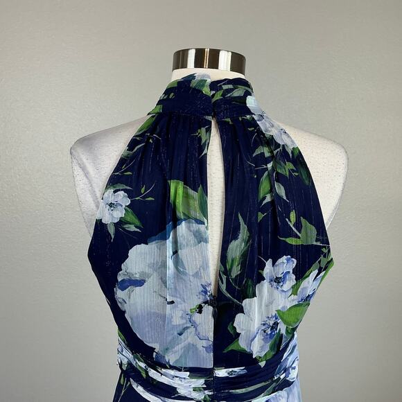 Eliza J Floral Print Chiffon High Low Maxi Dress Blue Size 4 Metallic Halter - Picture 10 of 15